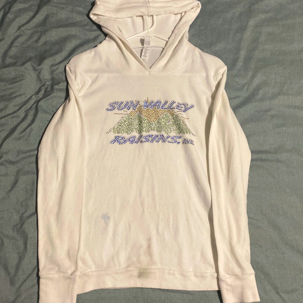 White, Next Level hooded longsleeve, bedazzled